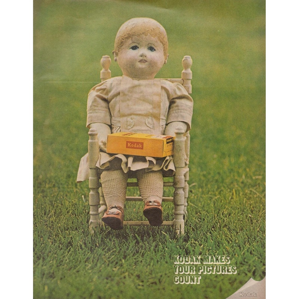 Kodak Makes‎ Your Pictures Count Baby Doll Rocking Chair Vintage Print Ad 1970